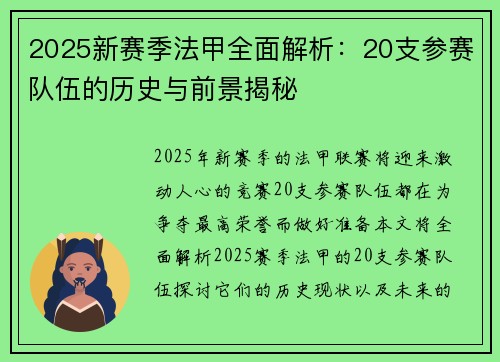 2025新赛季法甲全面解析：20支参赛队伍的历史与前景揭秘