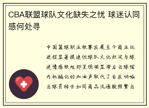 CBA联盟球队文化缺失之忧 球迷认同感何处寻